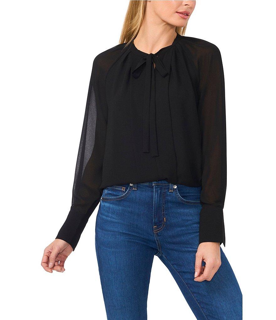 CeCe Woven V-Neck Long Sleeve Tie Front Blouse Product Image