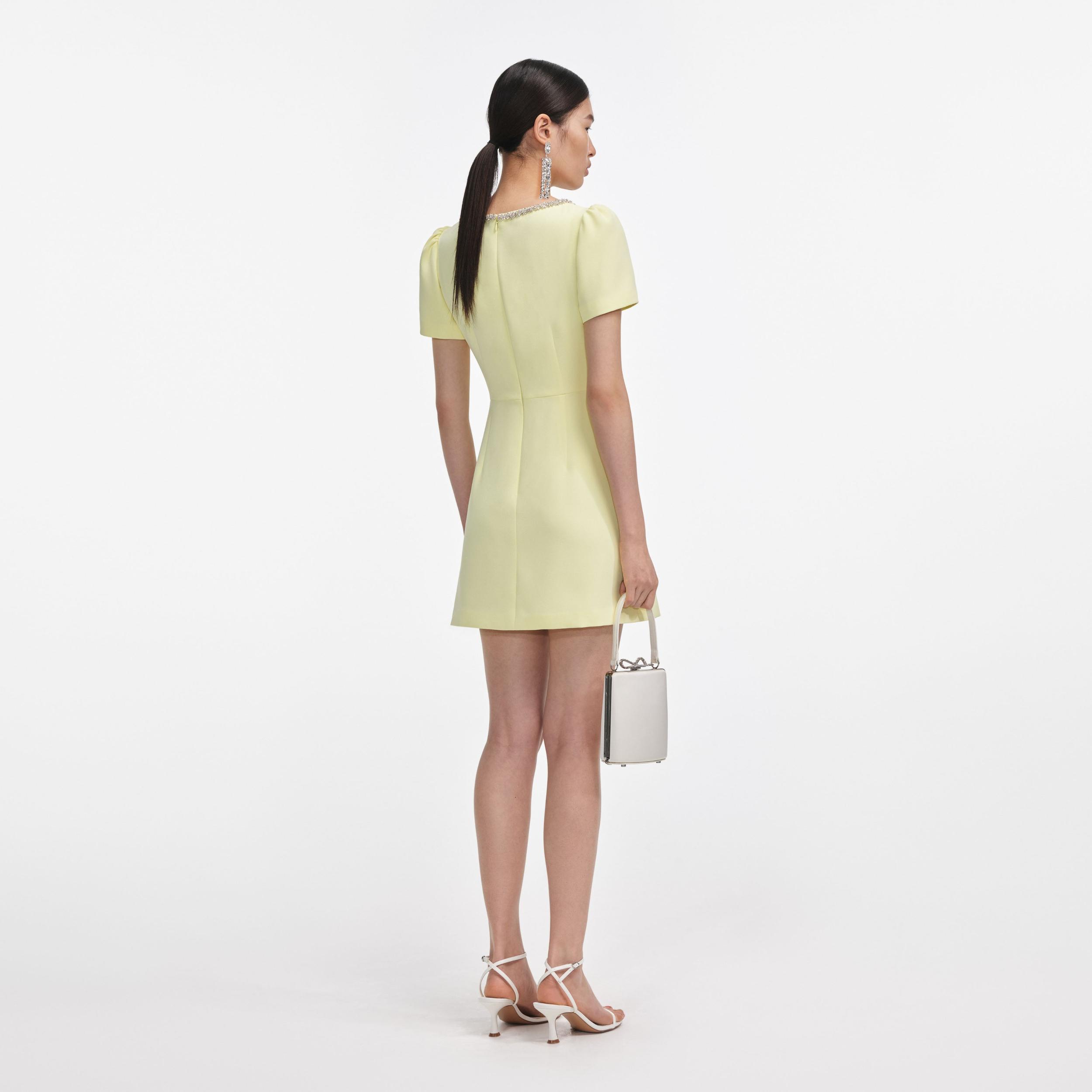 Yellow Crepe Crystal Trim Mini Dress Product Image