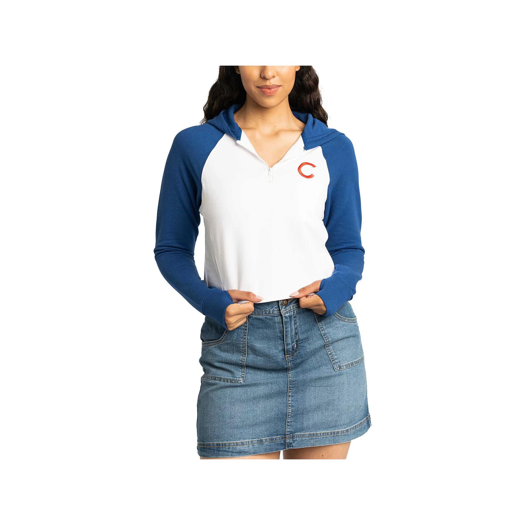 Women's Lusso White Chicago Cubs Jane Raglan Quarter-Zip Tri-Blend Cropped Pullover Hoodie, Size: XL Product Image