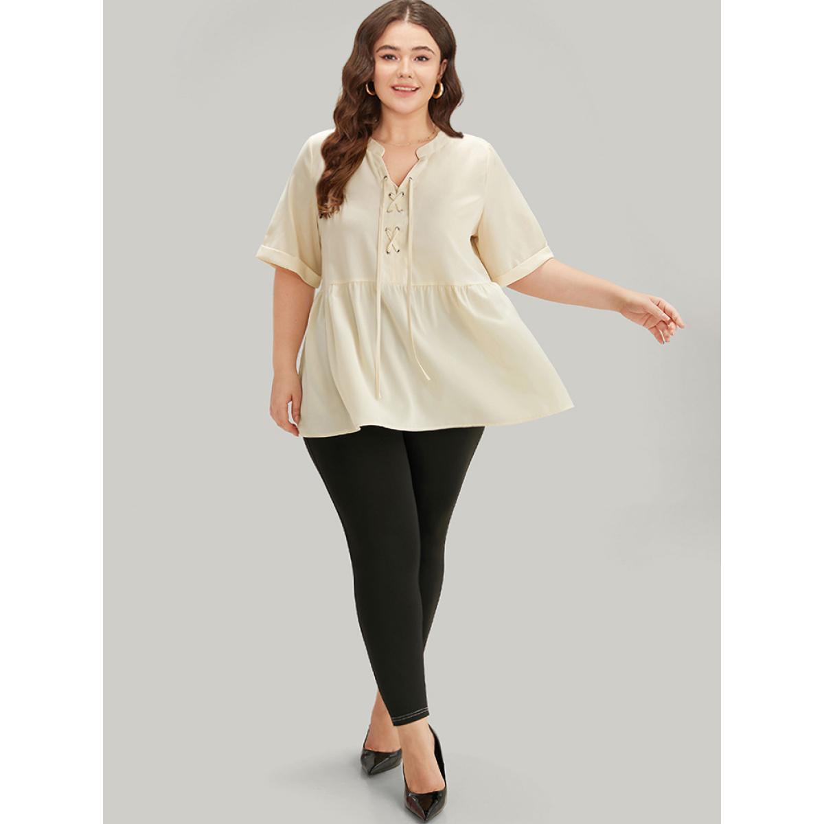 Plus Size Ivory Anti-Wrinkle Lace Up Notched Gathered Blouse Women Office Half Sleeve Tie Neck Work Blouses BloomChic 30/6X Product Image