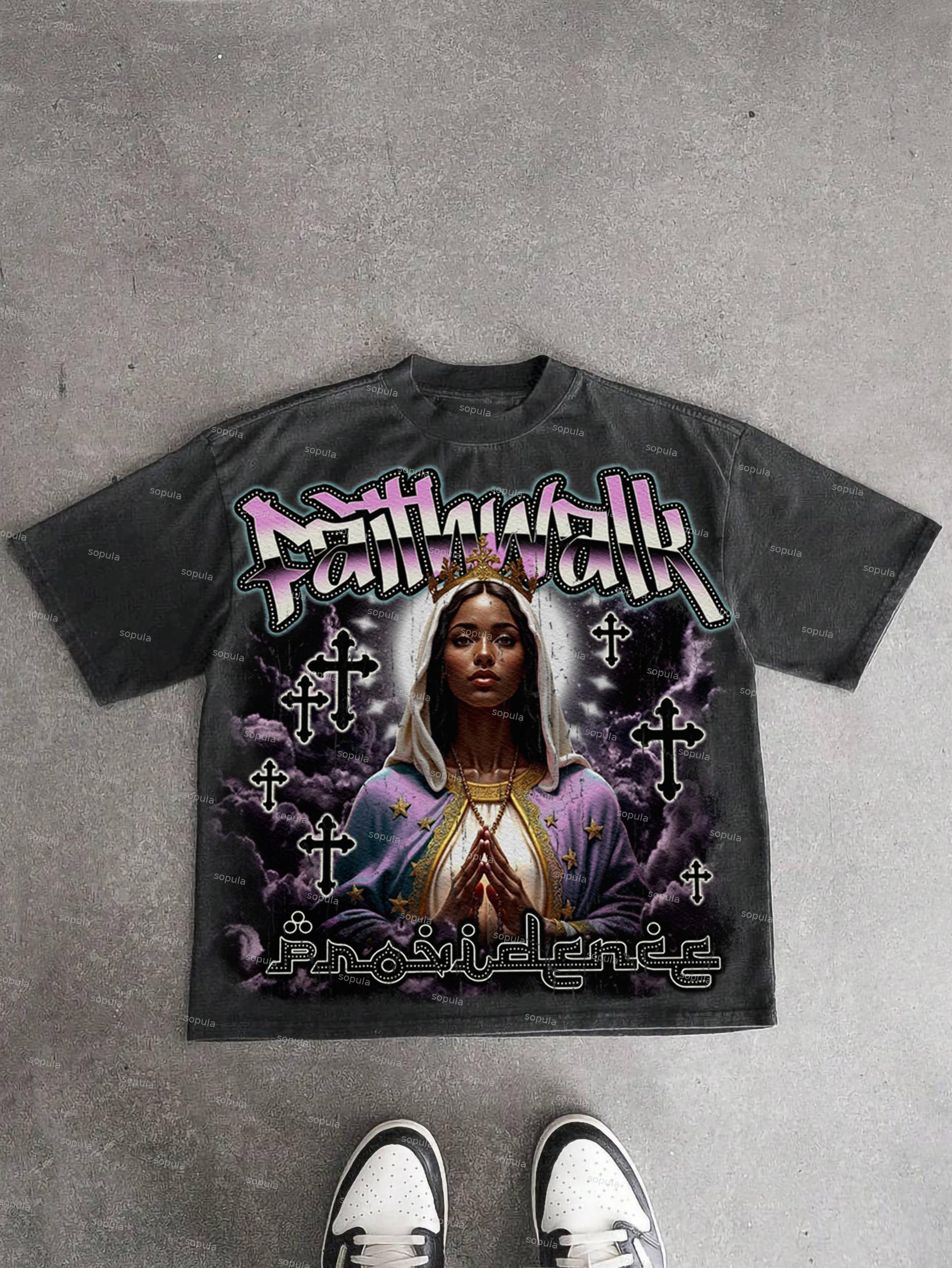 Faith Walk Our Lady Of The Cross Vintage Graphic Acid Wash T-shirt Product Image