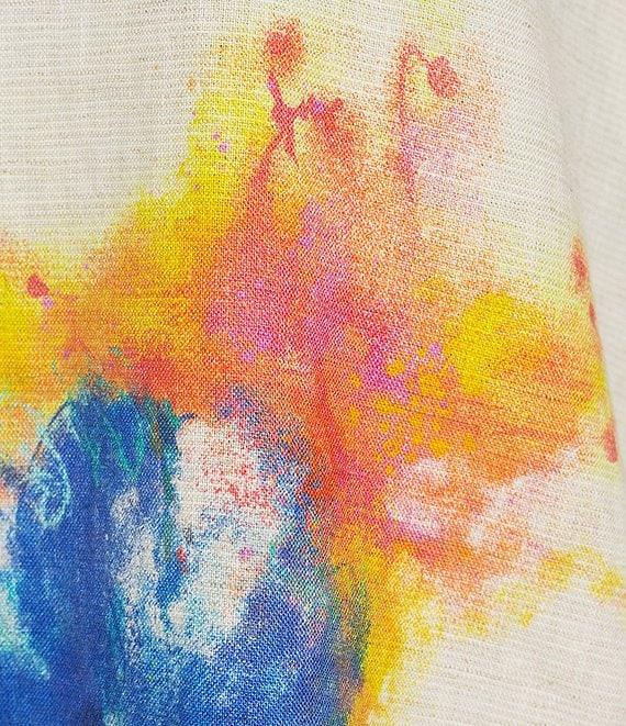 Ali Miles Linen Blend Multi Floral Round Neck High-Low Hem 3/4 Dolman Roll-Tab Sleeve Tunic Product Image