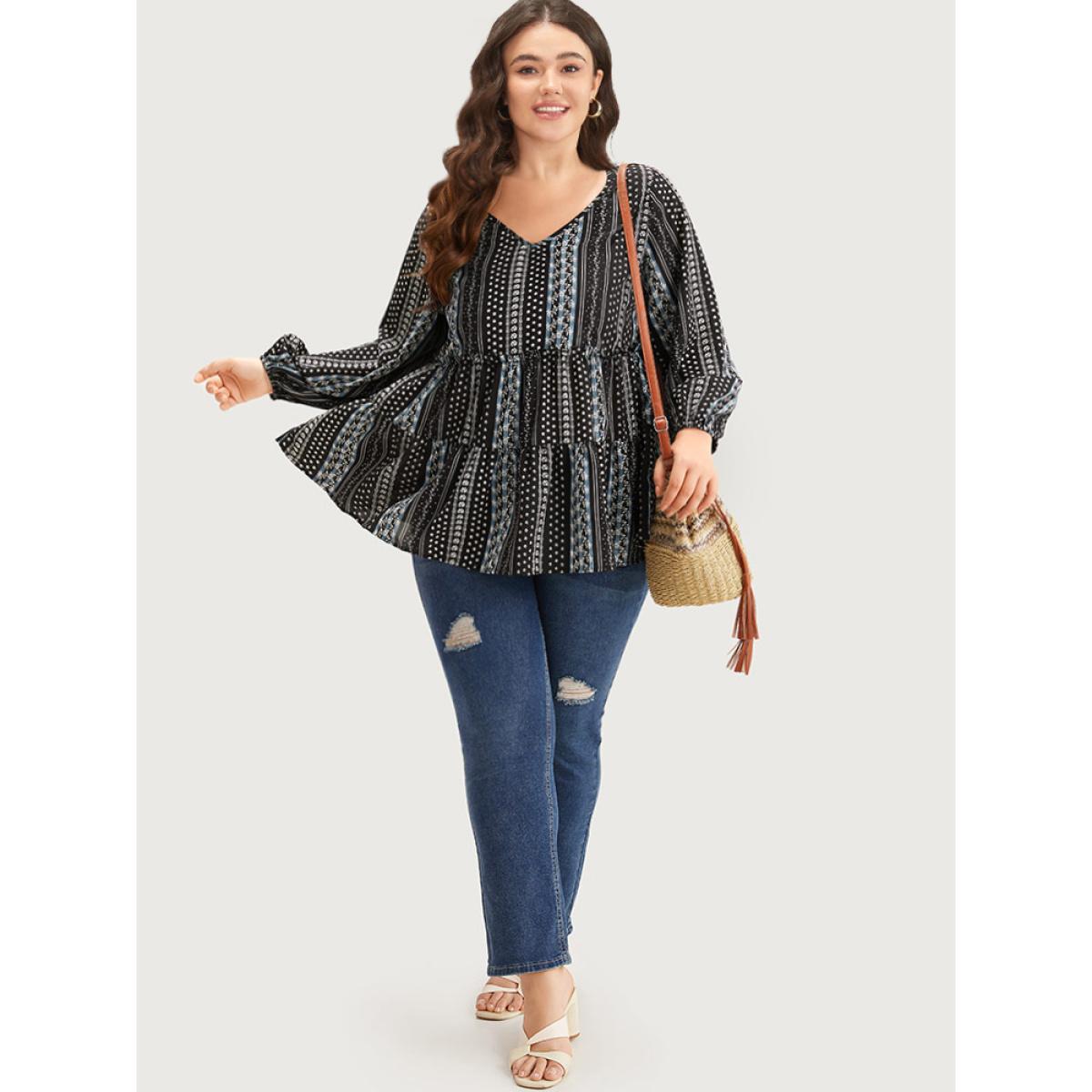 Plus Size BlackFlower Boho Print Frill Trim Ruffle Layered Hem Blouse Women Vacation Long Sleeve V-neck Vacation Blouses BloomChic 22-24/3X Product Image