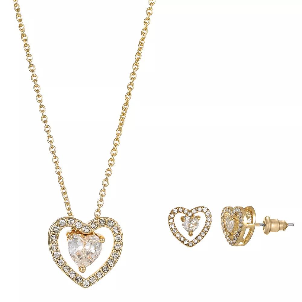 Gold Tone Cubic Zirconia Heart Halo Necklace & Stud Earrings Set, Women's, Size: 18+3", Gold Tone Clear Product Image