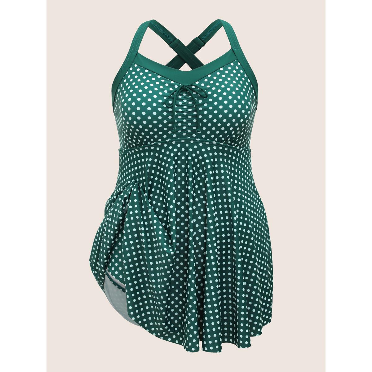 Plus Size Polka Dot Bowknot Detail Ruched Swim Dress Women's Swimwear DarkGreen Beach Bodycon Heart neckline High stretch Curve Swim Dresses BloomChic 10/M Product Image