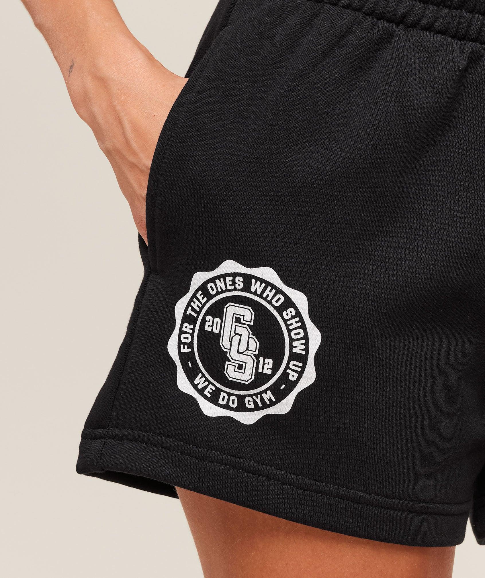 Gymshark Collegiate Graphic Fleece Shorts - Black Female Product Image