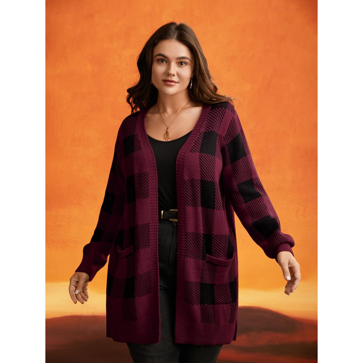 Plus Size Supersoft Essentials Plaid Open Cardigan Burgundy Women Leisure Loose Long Sleeve Casual Cardigans BloomChic 10/M Product Image