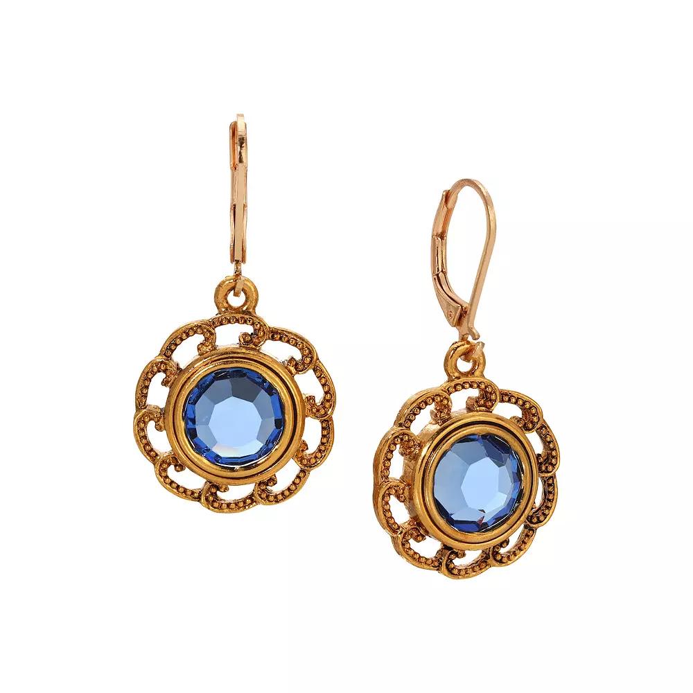 1928 Gold Tone Blue Crystal Round Filigree Drop Earrings, Womens Product Image