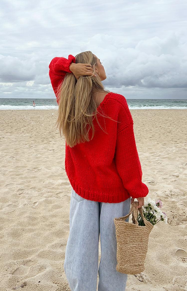 Delvey Red Chunky Knit Sweater Product Image