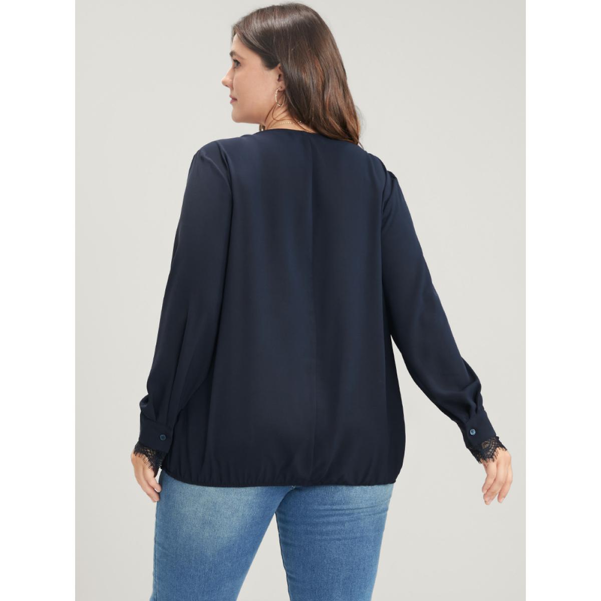 Plus Size DarkBlue Solid Lace Trim Wrap Blouse Women Elegant Long Sleeve V-neck Dailywear Blouses BloomChic 30/6X Product Image