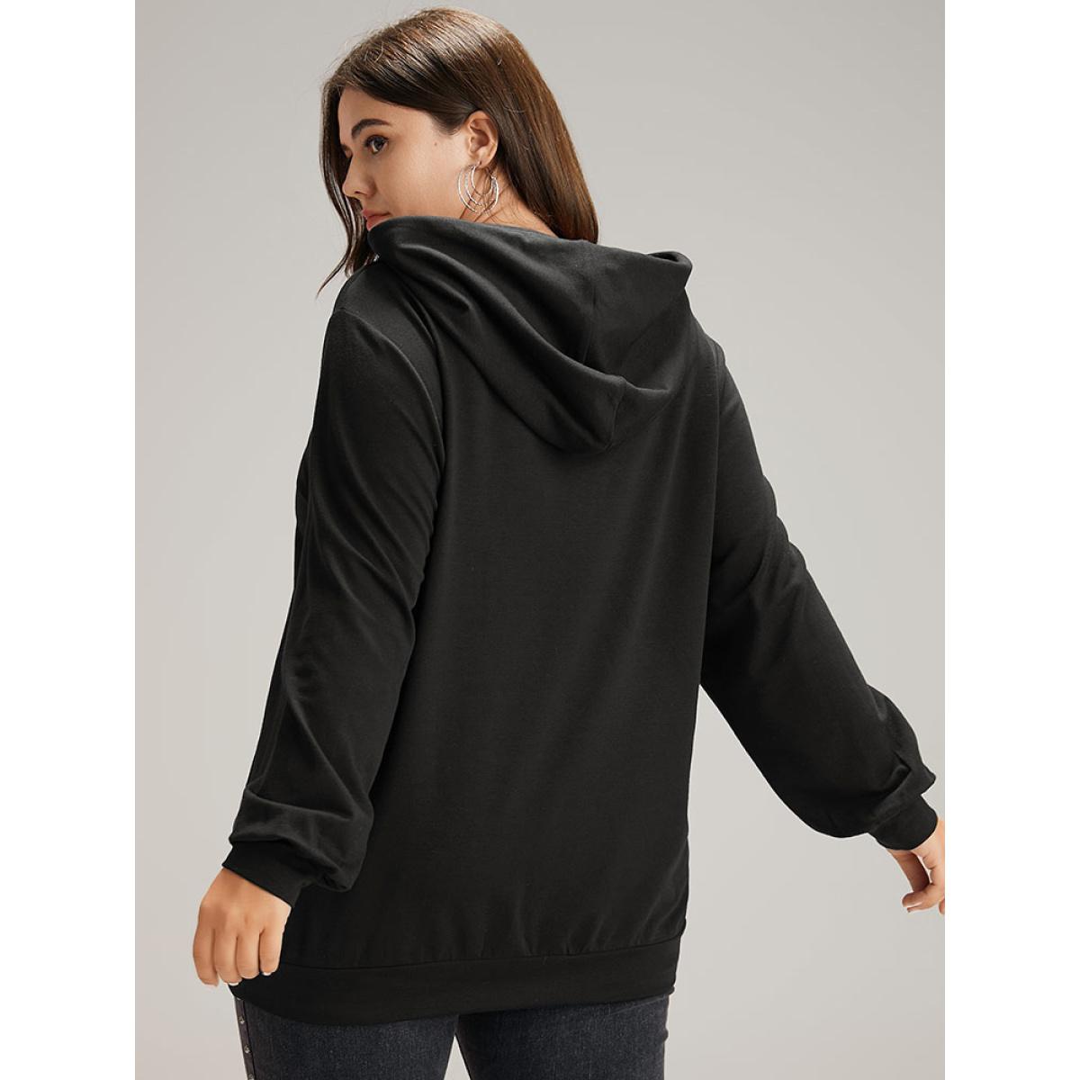 Plus Size Floral Print Pocket Hooded Drawstring Sweatshirt Women Black Casual Elastic cuffs Dailywear Sweatshirts BloomChic 14-16/1X Product Image