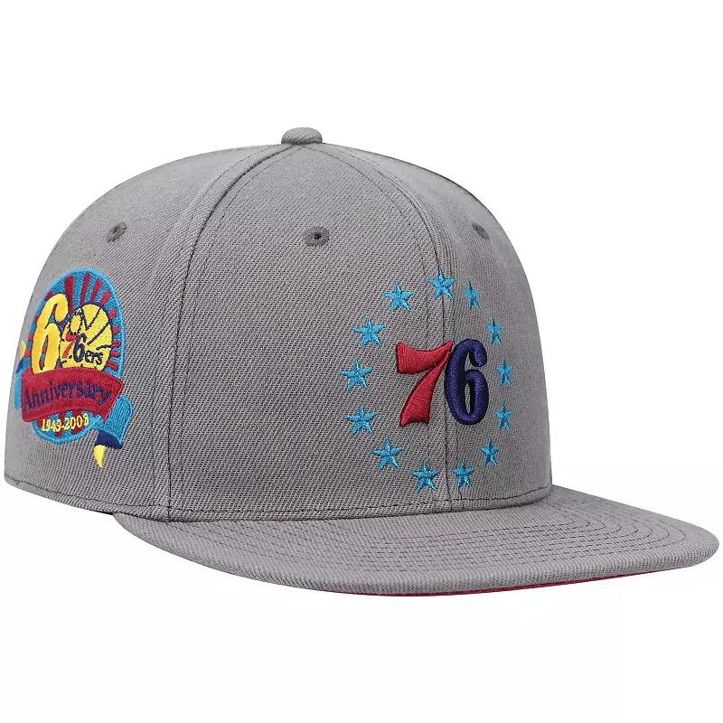 Men's Mitchell & Ness Charcoal Philadelphia 76ers Hardwood Classics 60th Anniversary Carbon Cabernet Fitted Hat,  Product Image