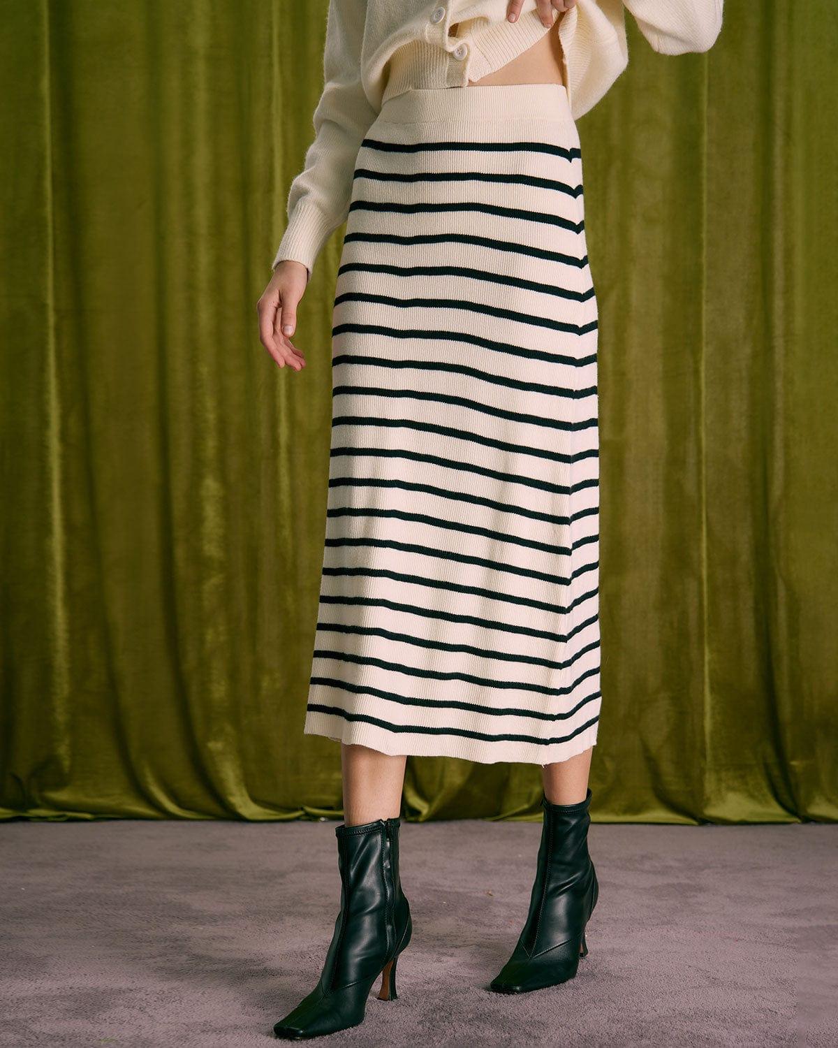 The Beige Elastic Waist Striped Knit Midi Skirt Product Image