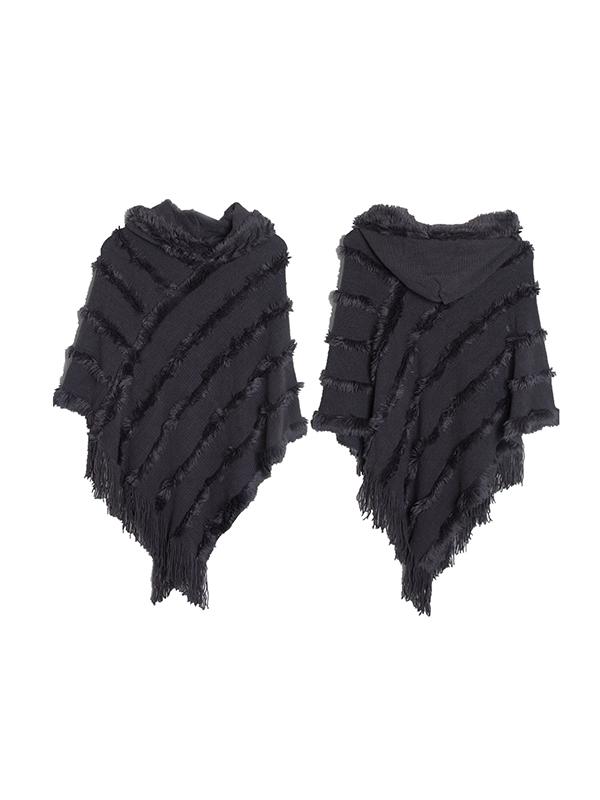 Hooded Keep Warm Solid Color Tasseled Cape Shawl&Cloak Product Image
