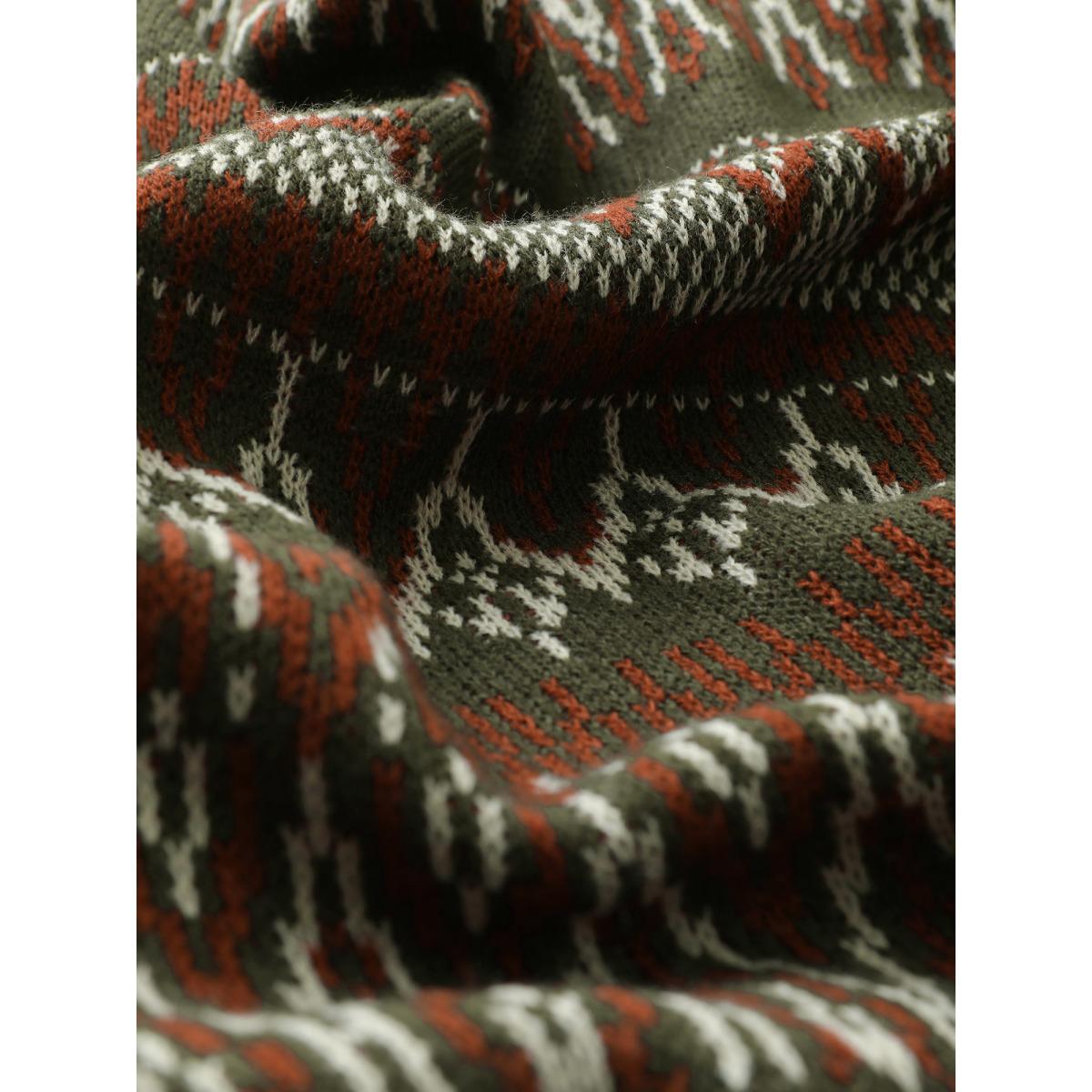 Plus Size Geo Pattern Split Side Turtle Neck Jacquard Pullover ArmyGreen Women Casual Loose Long Sleeve Turtleneck Dailywear Pullovers BloomChic 18-20/2X Product Image