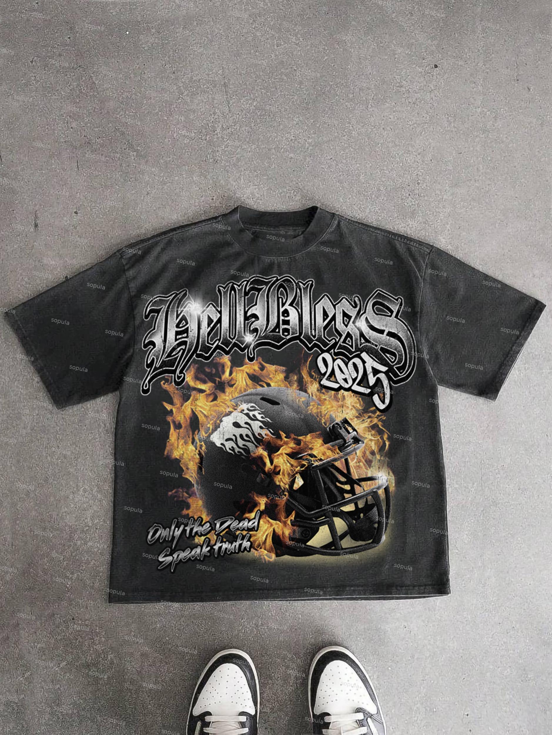 Hellbless Flame Rugby Helmet Vintage Old Graphic Acid Wash T-shirt Product Image