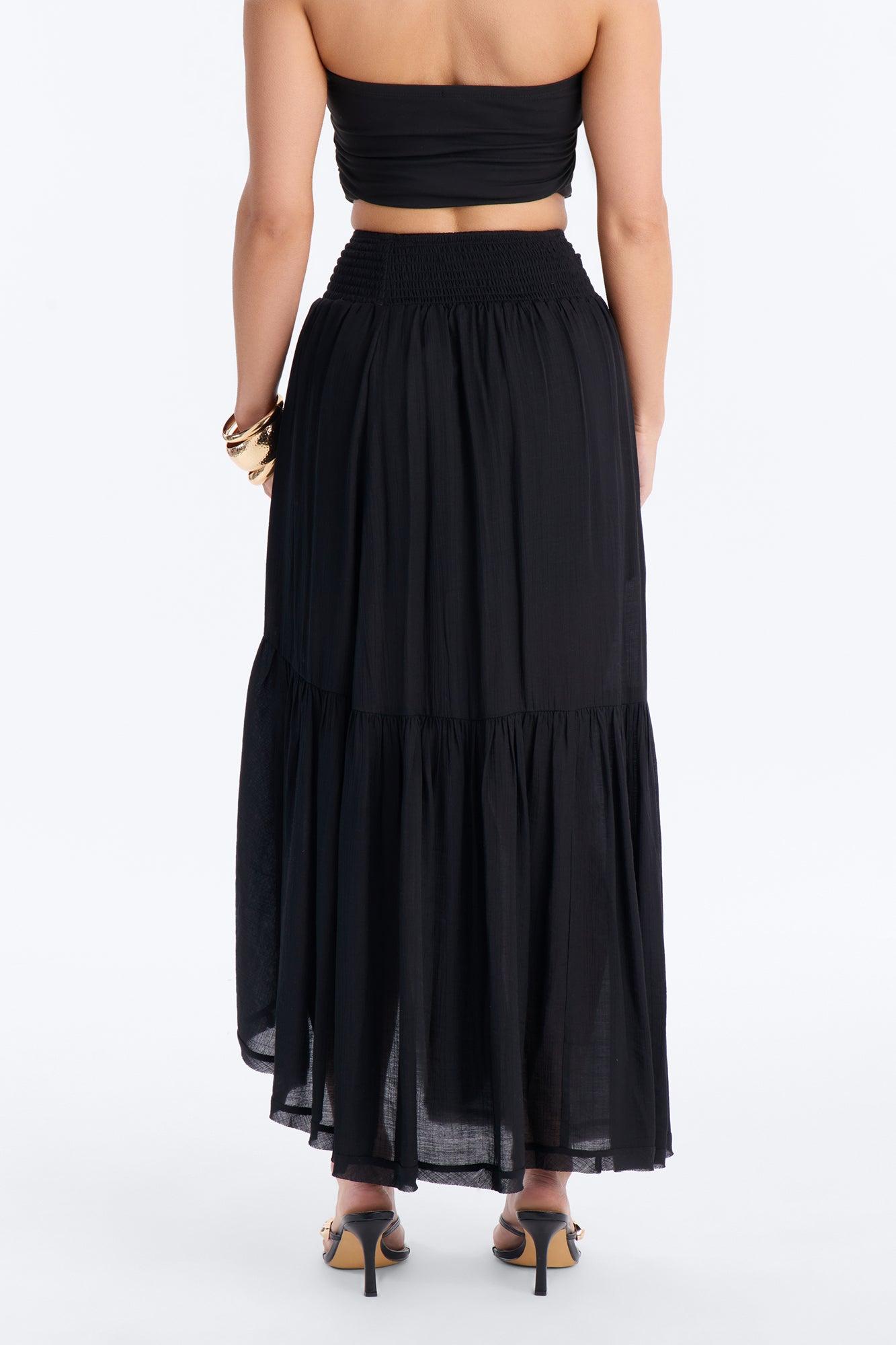 Daydreamer Asymmetrical Tiered Maxi Skirt - Black Female Product Image