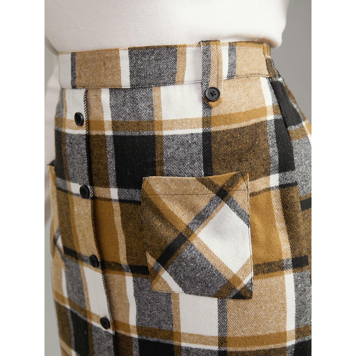 Plus Size Plaid Button Detail Patched Pocket Skirt Women Tan Office Elastic Waist Bodycon No stretch Pocket Office Skirts BloomChic 10/M Product Image