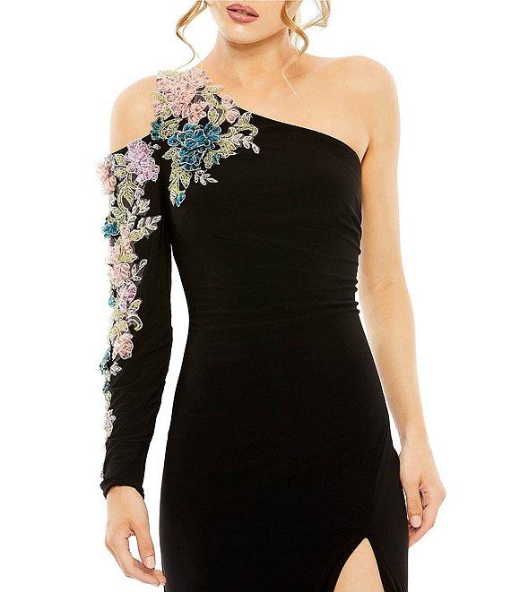 Mac Duggal Floral Beaded One Shoulder Asymmetrical Neck Gown Product Image