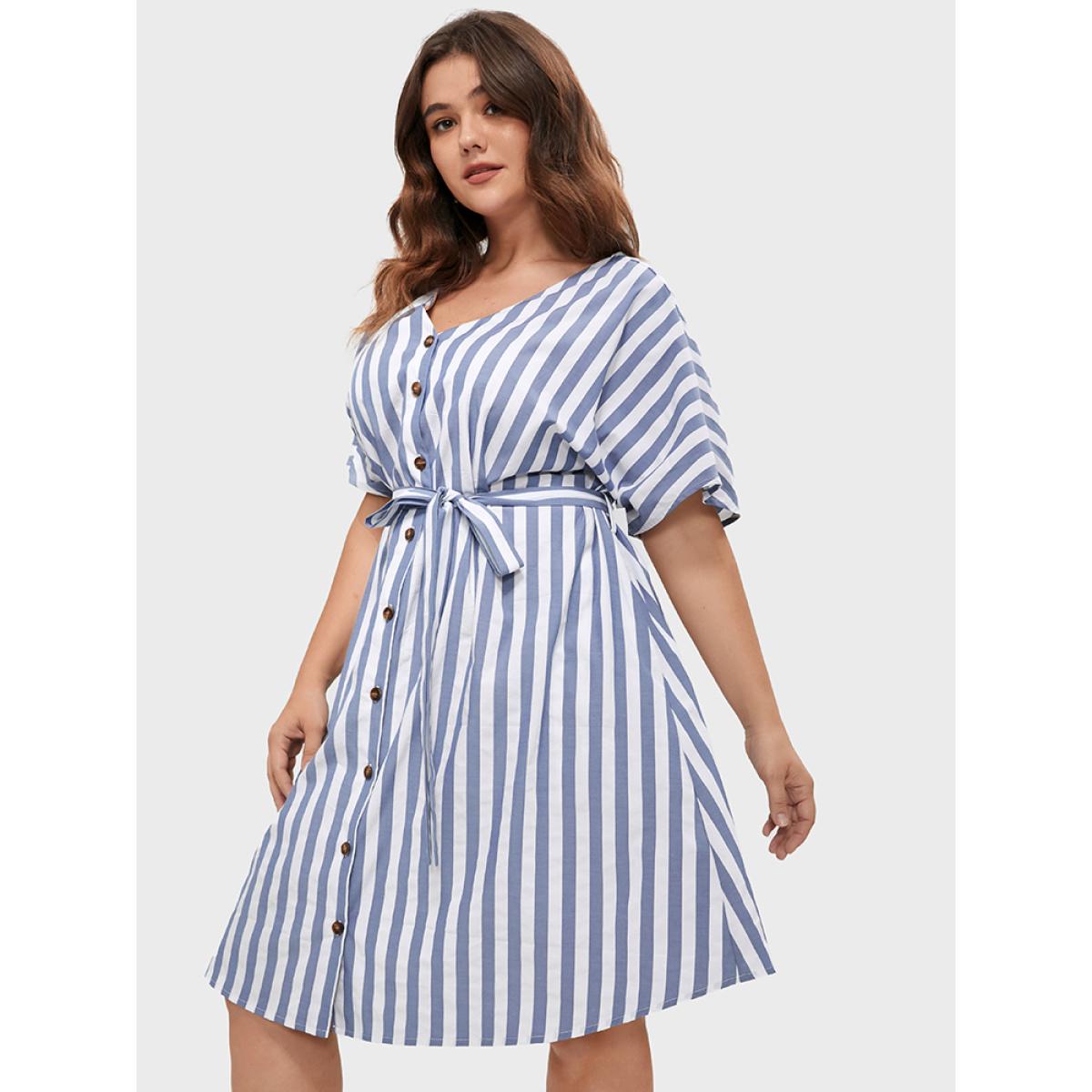 Plus Size Striped V Neck Button Belted Knee Dress Blue Women Office Gathered V-neck Short sleeve Curvy BloomChic 28/5X Product Image