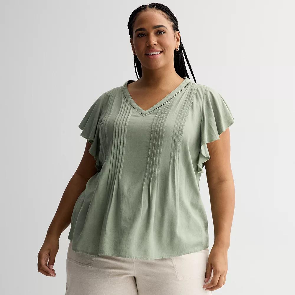 Plus Size Sonoma Goods For Life® Flutter Sleeve Pintuck Top, Women's, Size: 3XL, Madri Green Product Image