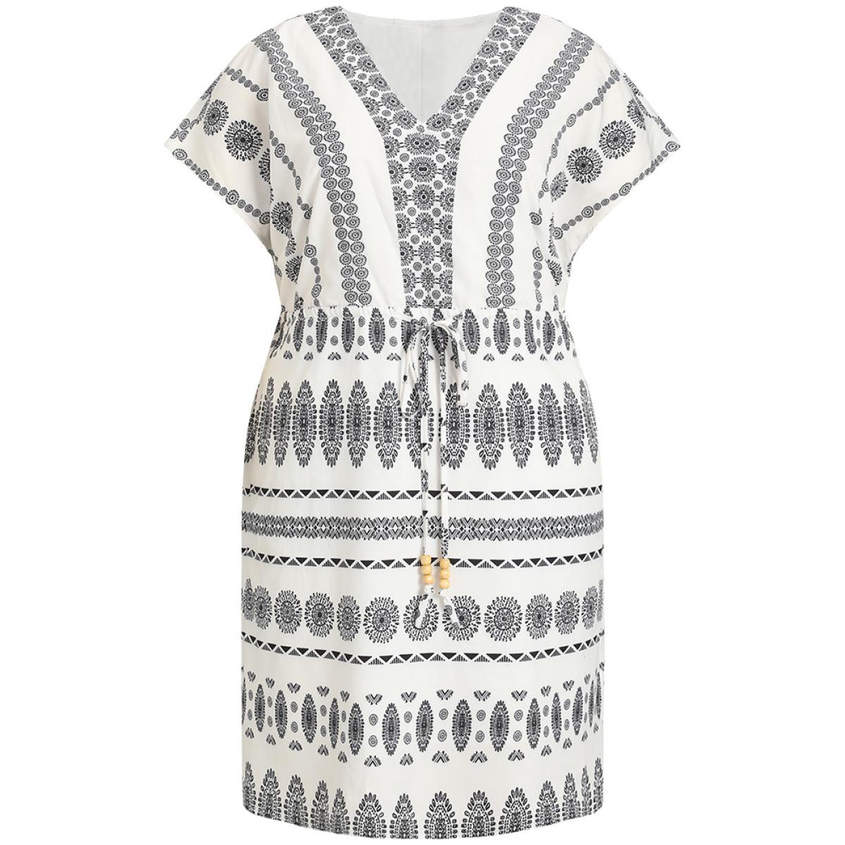 Plus Size Boho Print V Neck Dolman Sleeve Drawstring Dress White Women Vacation Elastic Waist V-neck Short sleeve Curvy Knee Dress BloomChic 28/5X Product Image