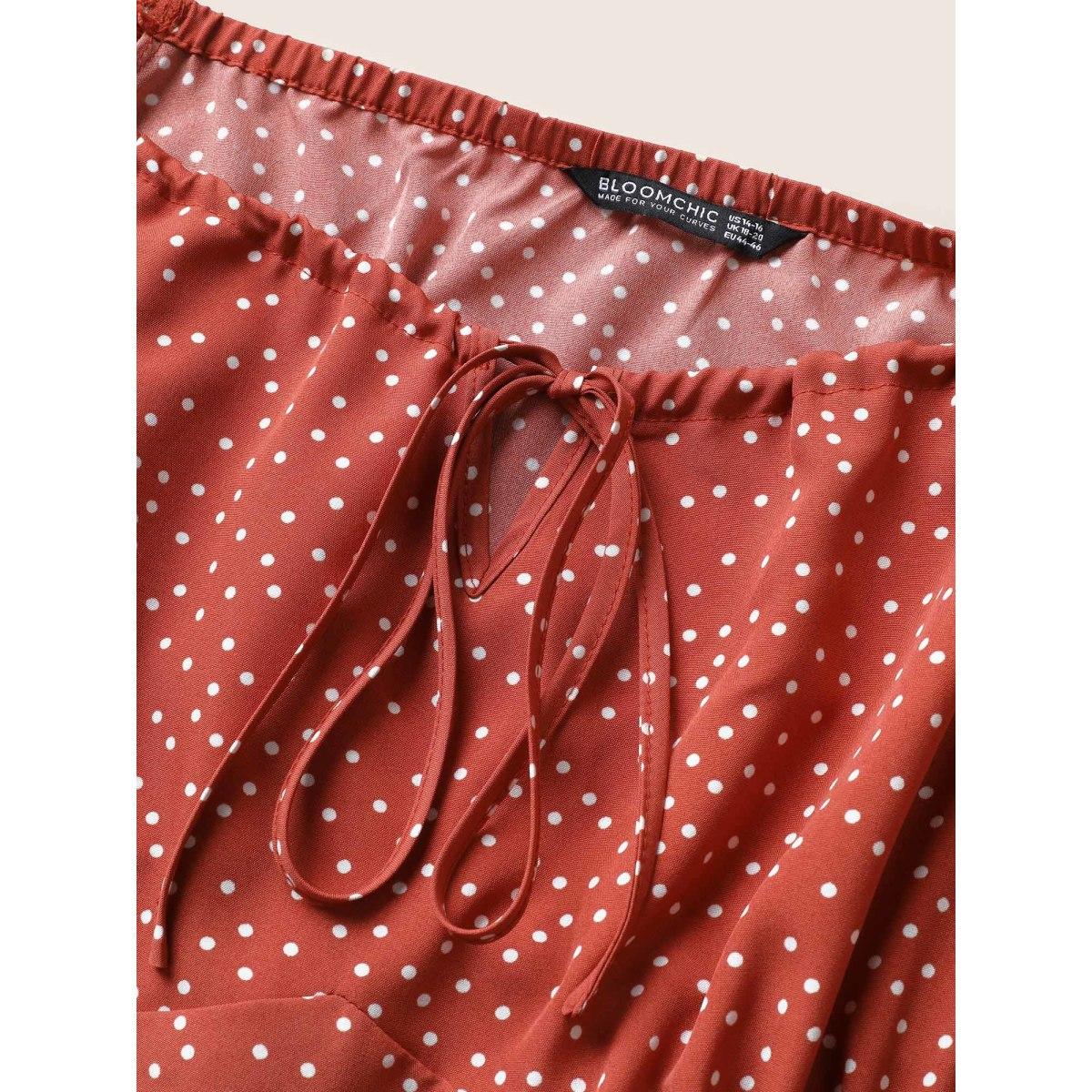 Plus Size Polka Dot Ties Lantern Sleeve Gathered Dress Rust Women Elegant Non Square Neck Short sleeve Curvy Midi Dress BloomChic 30/6X Product Image