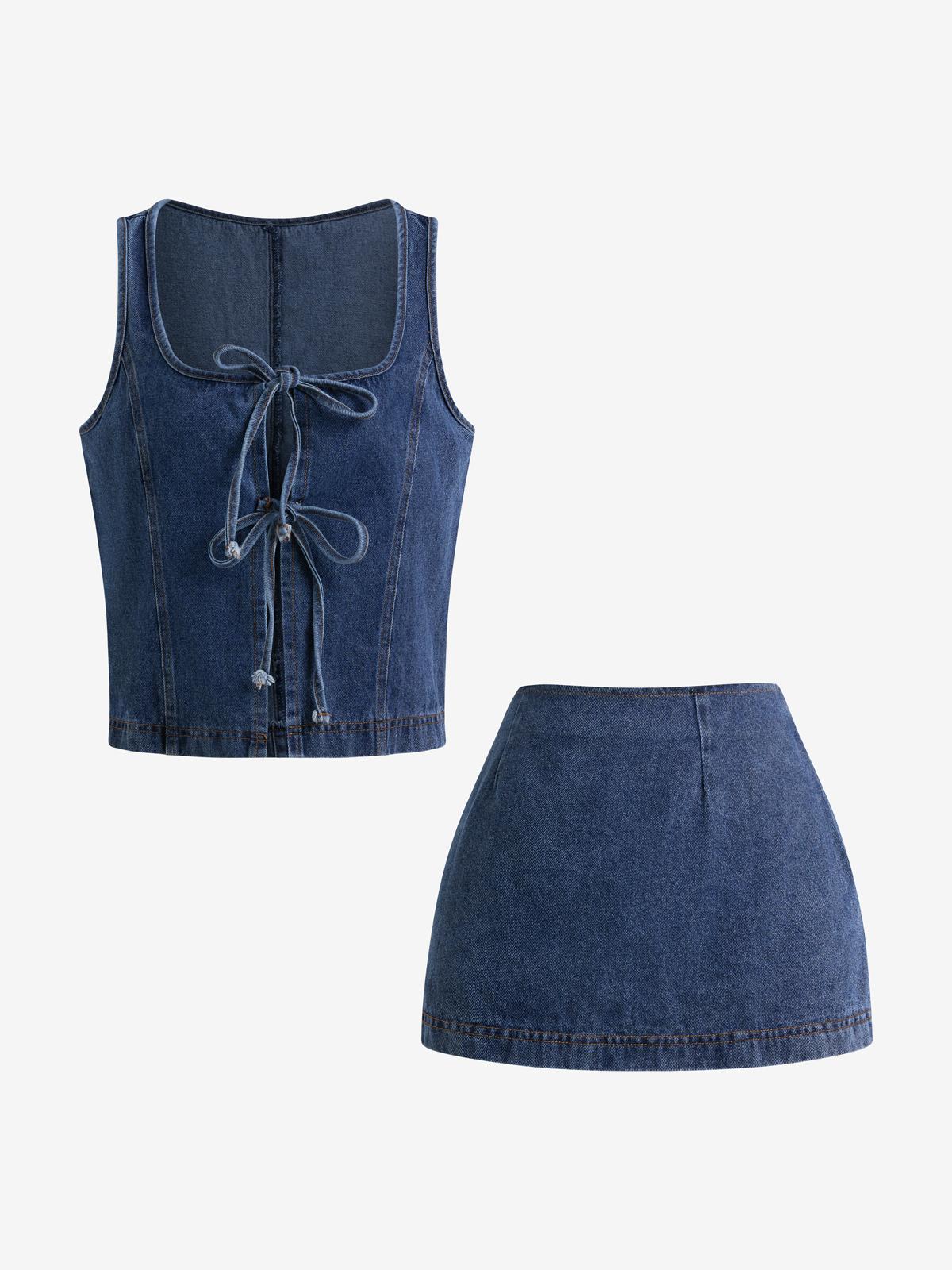 Sleeveless Lace-Up Denim Two Piece Product Image