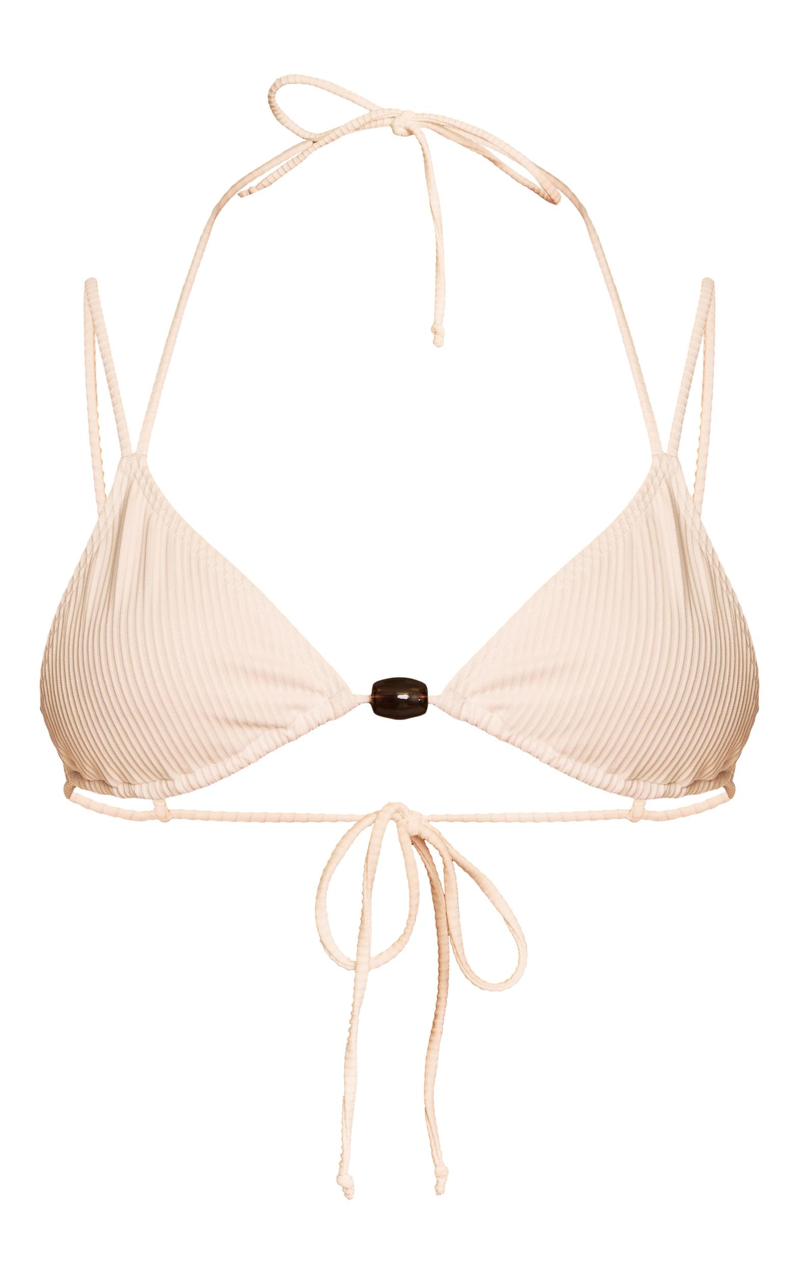 Ivory Ribbed Bead Trim Triangle Bikini Top Product Image