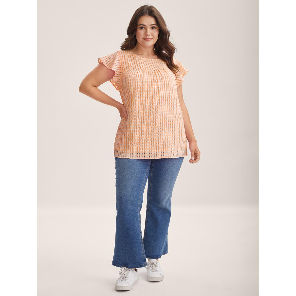 Plus Size Coral Textured Sheer Lined Flutter Sleeve Blouse Women Leisure Cap Sleeve Round Neck Casual Blouses BloomChic 10/M Product Image