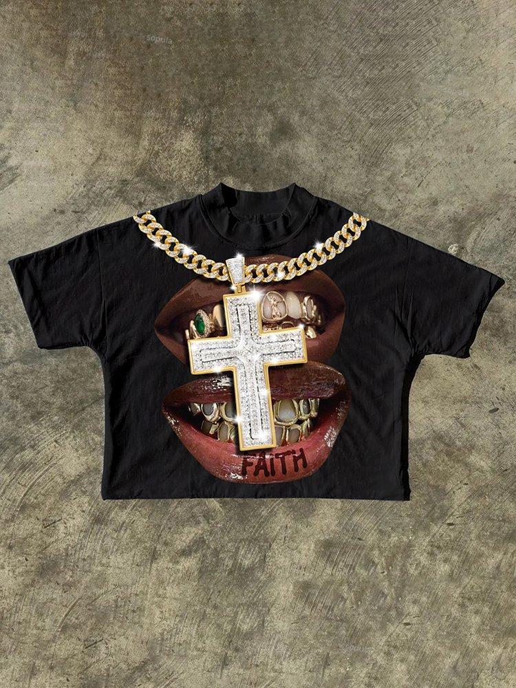Faith Cross Diamond Necklace Lips Graphic Cotton Short Sleeve Cropped T-Shirts Product Image