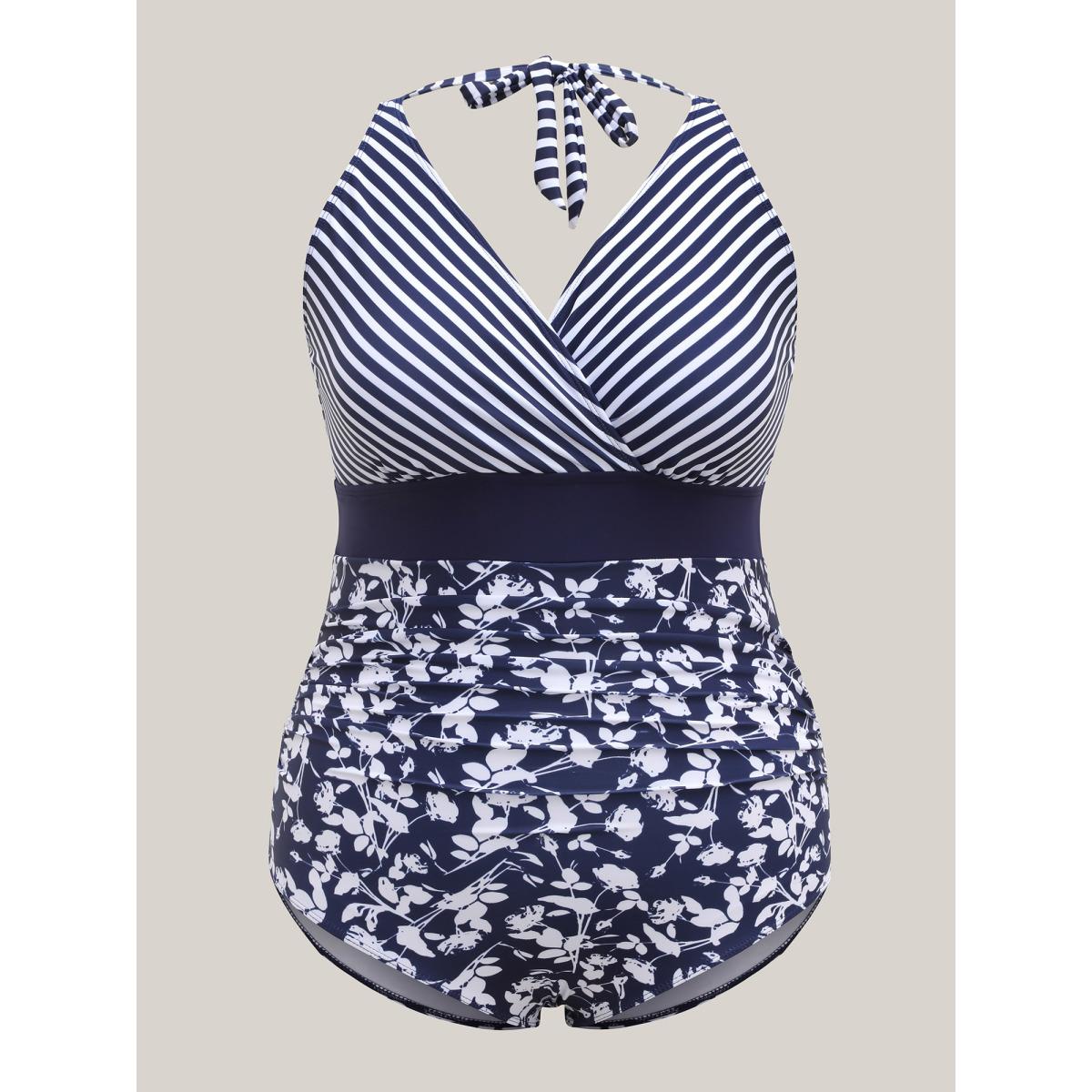 Plus Size Contrast Print Surplice One-Piece Swimsuit Women's Swimwear Indigo Beach Gathered Curve Bathing Suits High stretch One Pieces BloomChic 30/6X Product Image