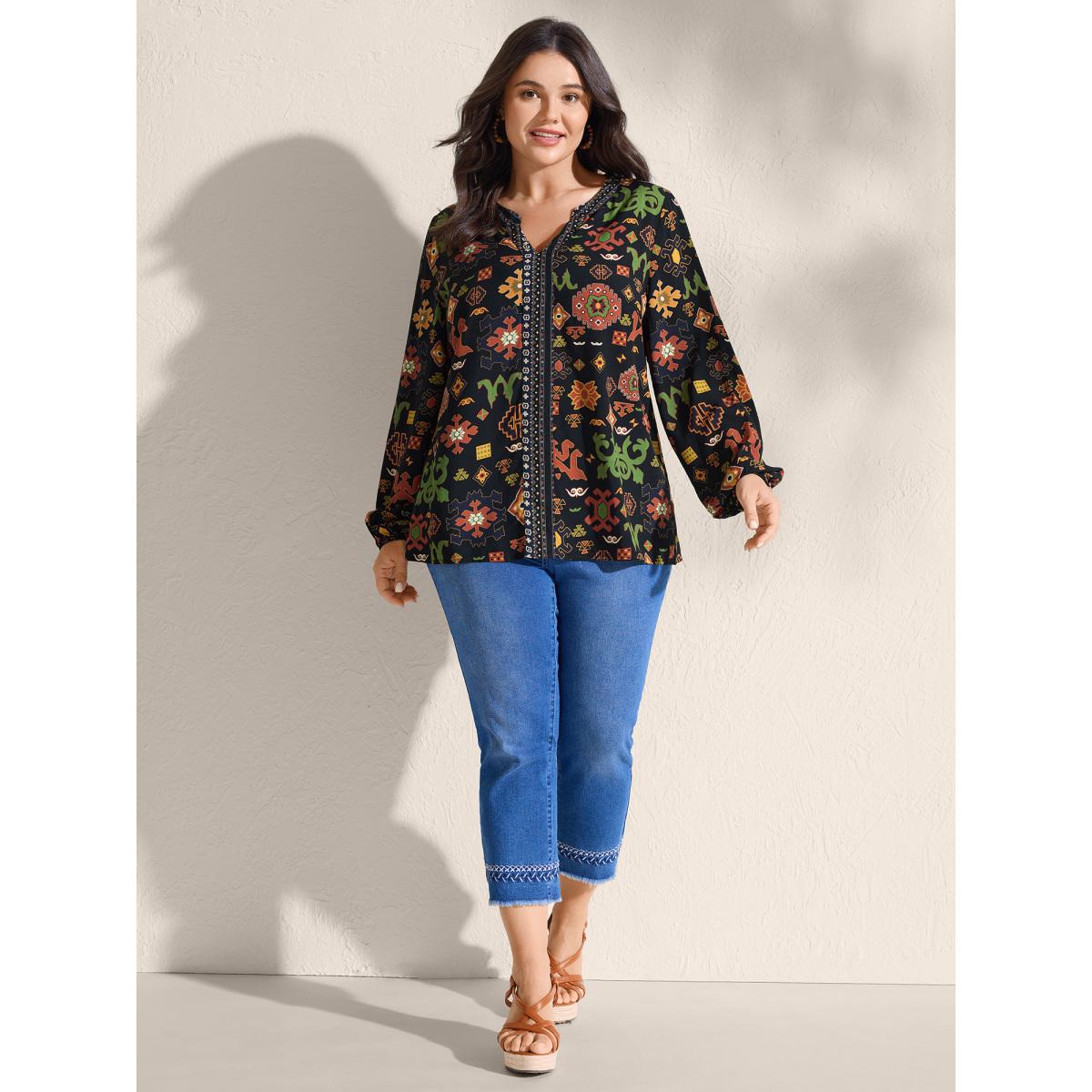 Plus Size Black Boho Geometric Pattern Split Neck Blouse Women Boho Long Sleeve Flat collar with V-notch Vacation Blouses BloomChic 10/M Product Image