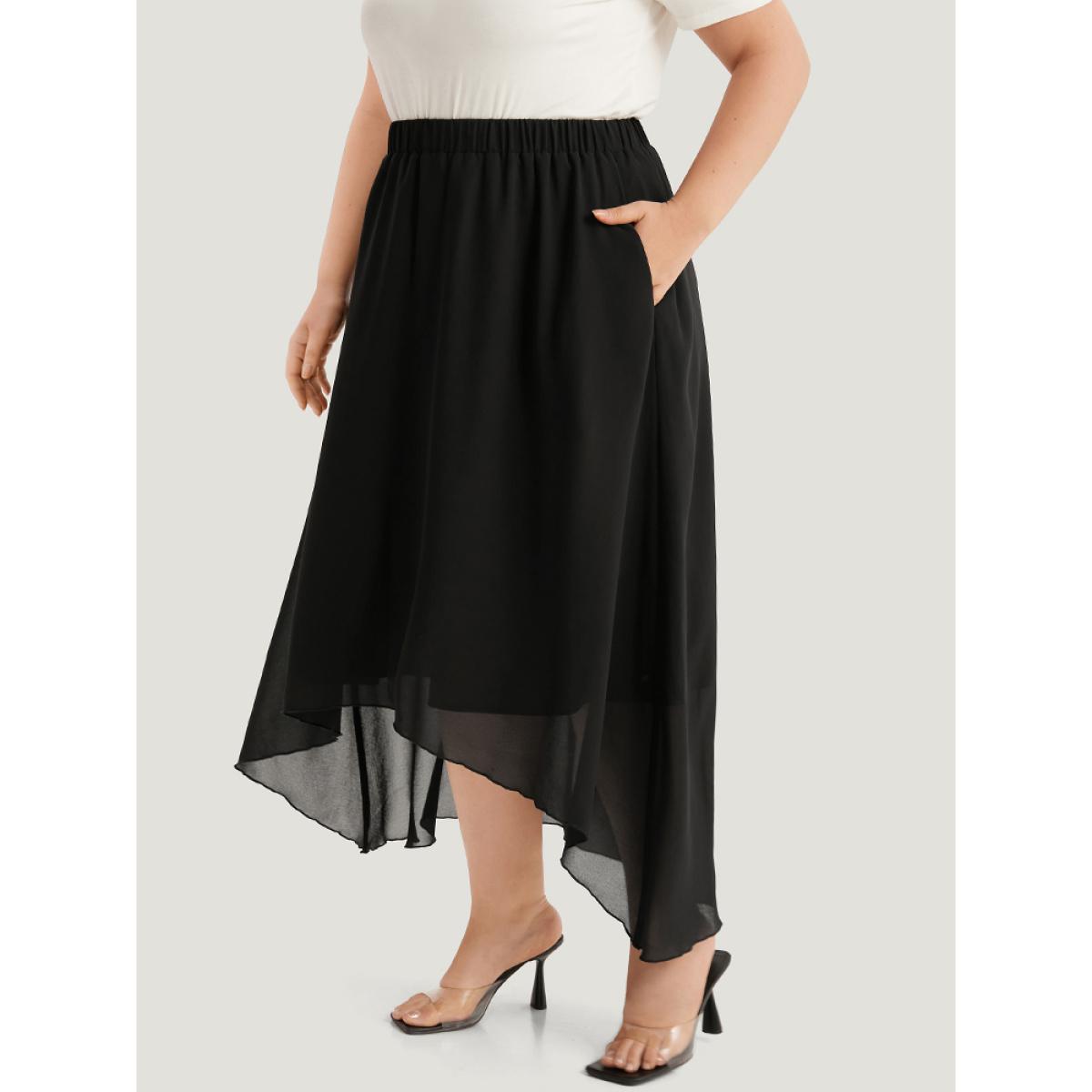 Plus Size Plain Elastic Waist Pocket Mesh High Low Hem Skirt Women Black Elegant Elastic Waist Loose Low stretch Dailywear Skirts BloomChic 10/M Product Image