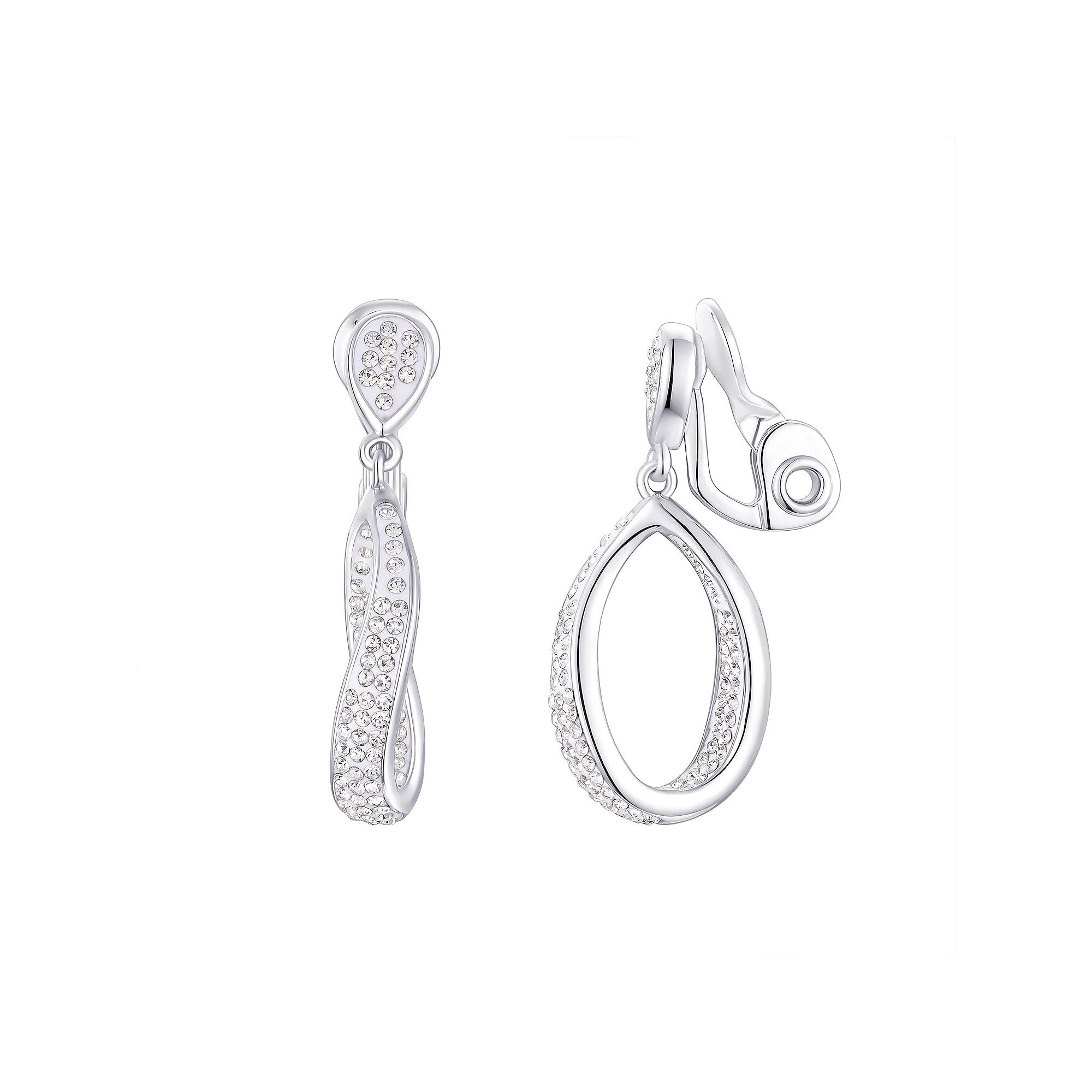 Chrystina Fine Silver Plated Crystal Twisted Open Hoop Clip-On Drop Earrings, Women's, Silver Tone Product Image