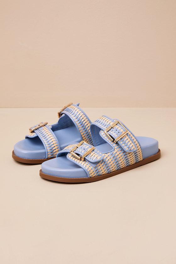 Naomi Sporty Beige and Sky Blue Woven Buckle Slide Sandals Product Image