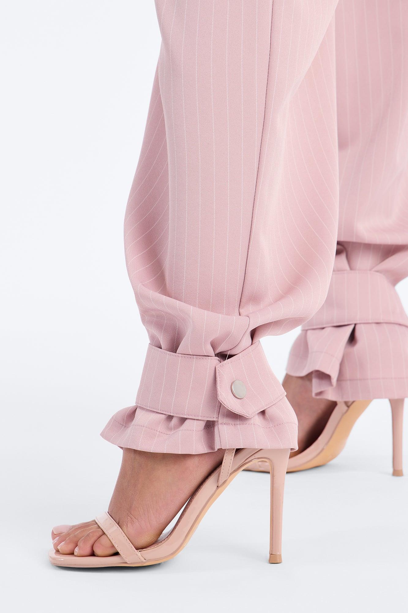 Never Settle Pinstripe Adjustable Cuff Trouser Pants 33″ - Rose Female Product Image