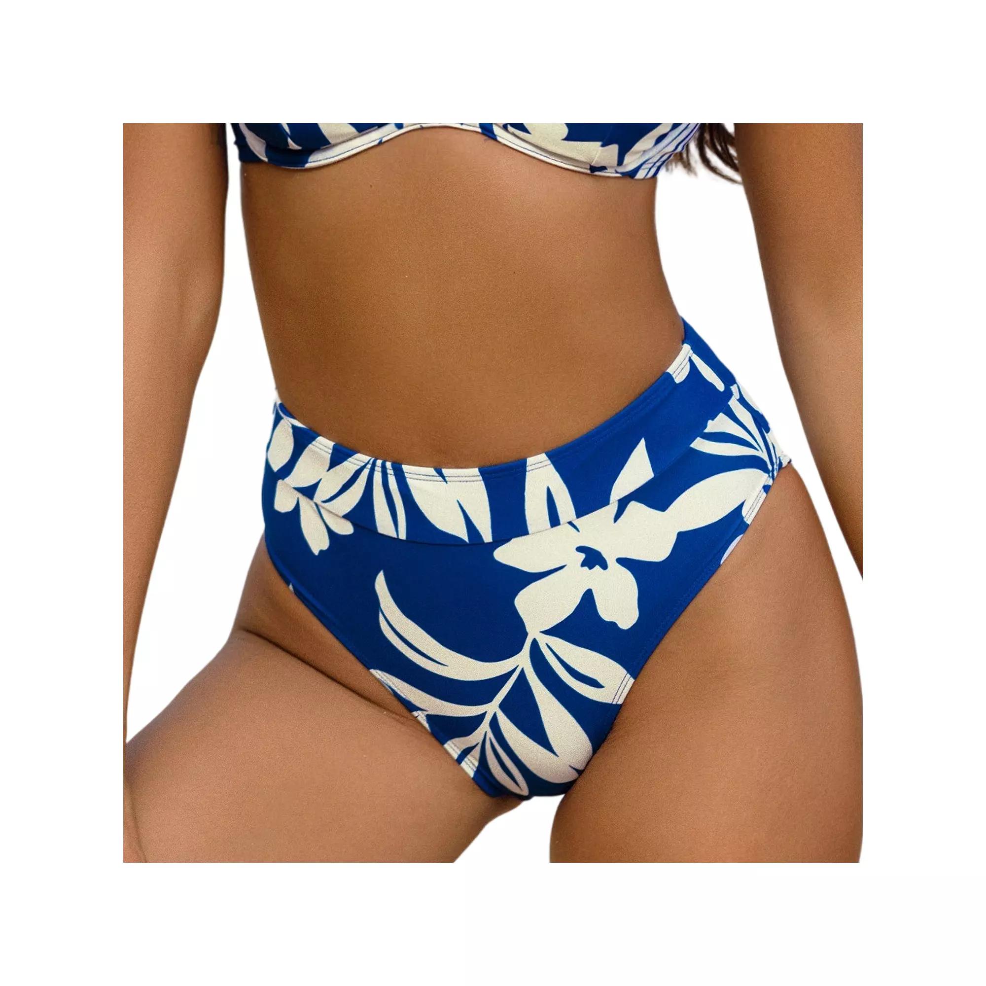 Women's Cupshe Vector Flowers Tropical Leaf High Waist Bikini Bottoms, Size: Large, Blue White Floral Product Image