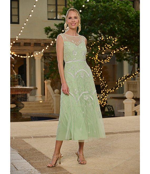 Adrianna Papell Beaded Mesh Crew Neck Sleeveless A-Line Midi Dress Product Image