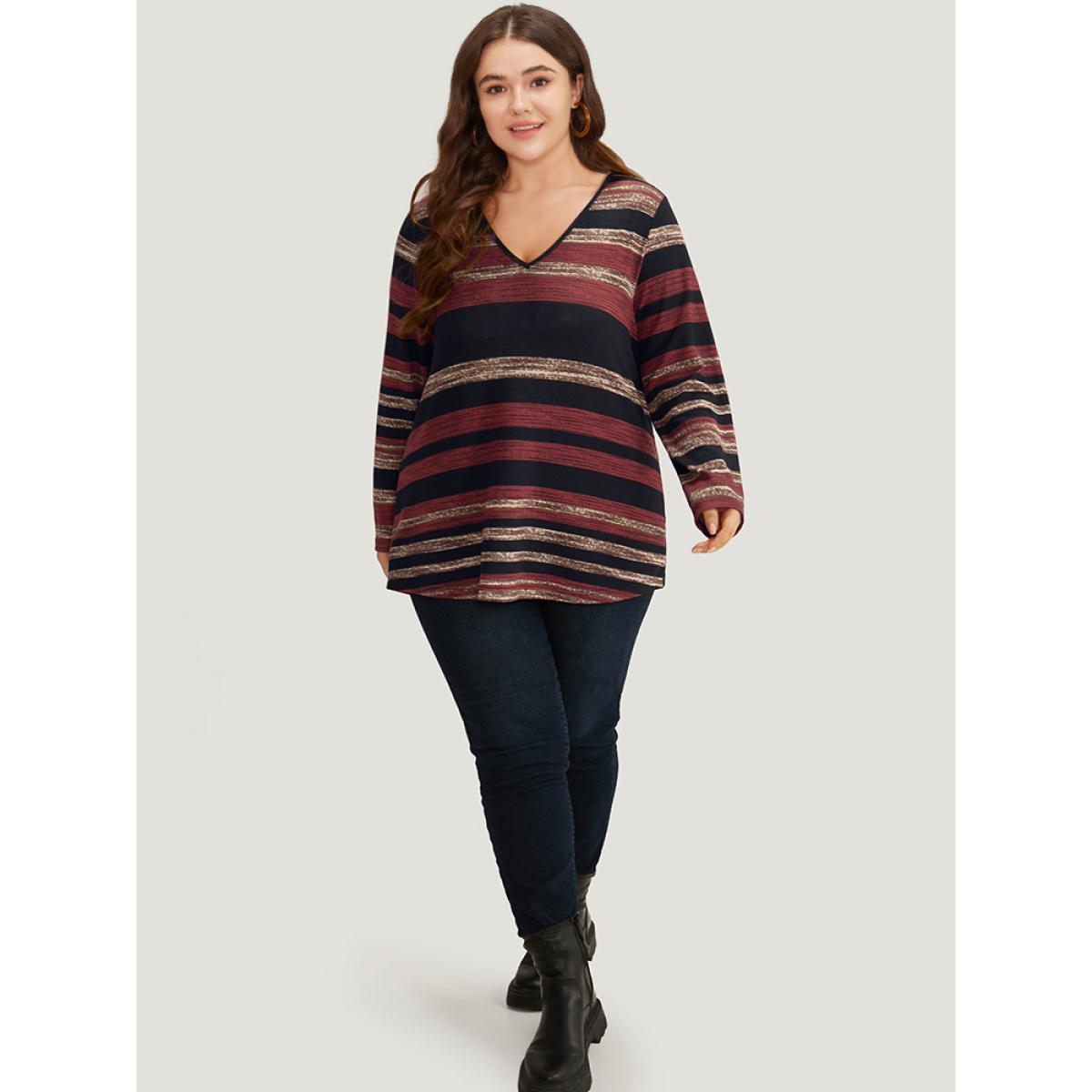 Plus Size Striped Contrast V Neck T-shirt Burgundy Women Casual Printed Striped V-neck Dailywear T-shirts BloomChic 18-20/2X Product Image