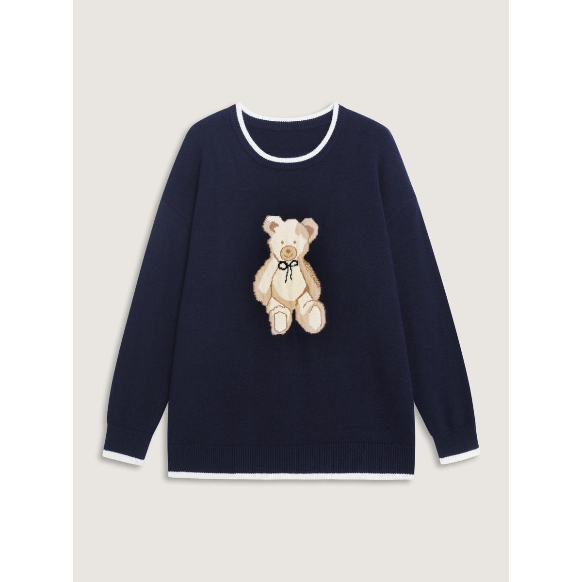 Plus Size Bear Motif Jacquard Color Contrast Pullover Navy Women Playful Loose Long Sleeve Round Neck Casual Pullovers BloomChic 18-20/2X Product Image
