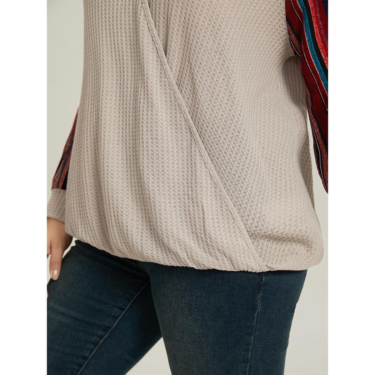 Plus Size Bandana Print Patchwork V Neck Raglan Sleeve T-shirt LightBrown Women Casual Elastic cuffs Bohemian Print Overlap Collar Dailywear T-shirts BloomChic 10/M Product Image