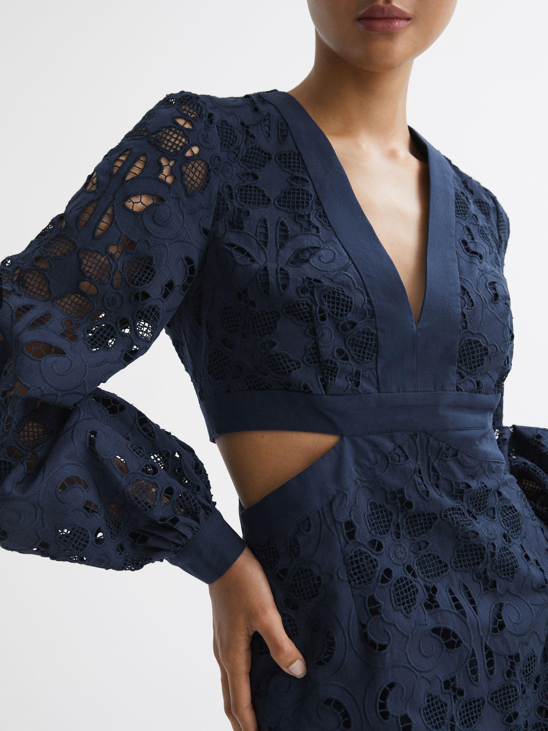 Lace Cut-Out Midi Dress in Navy Product Image