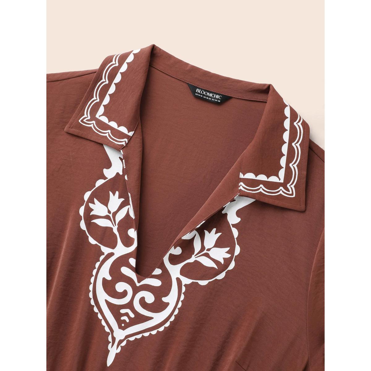 Plus Size Precision Printing Waist-Cinching Midi Dress Rust Women Resort Contrast Lapel Collar Elbow-length sleeve Curvy BloomChic 22-24/3X Product Image