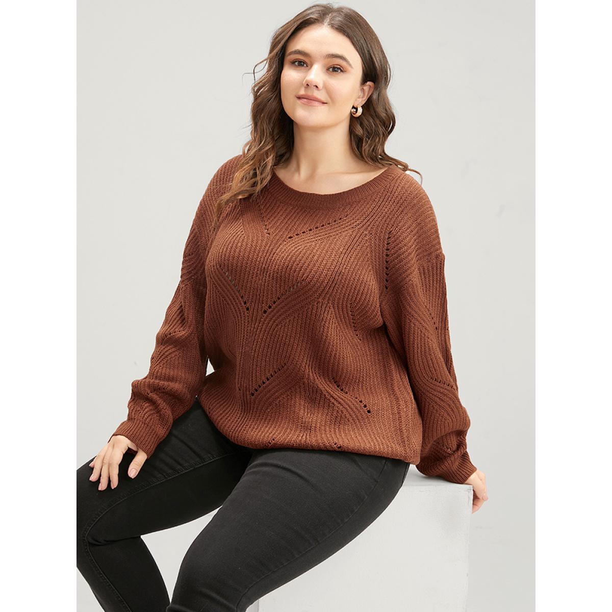 Plus Size Solid Pointelle Knit Cut Out Round Neck Knit Top Maroon Women Casual Loose Long Sleeve Dailywear Pullovers BloomChic 14-16/1X Product Image
