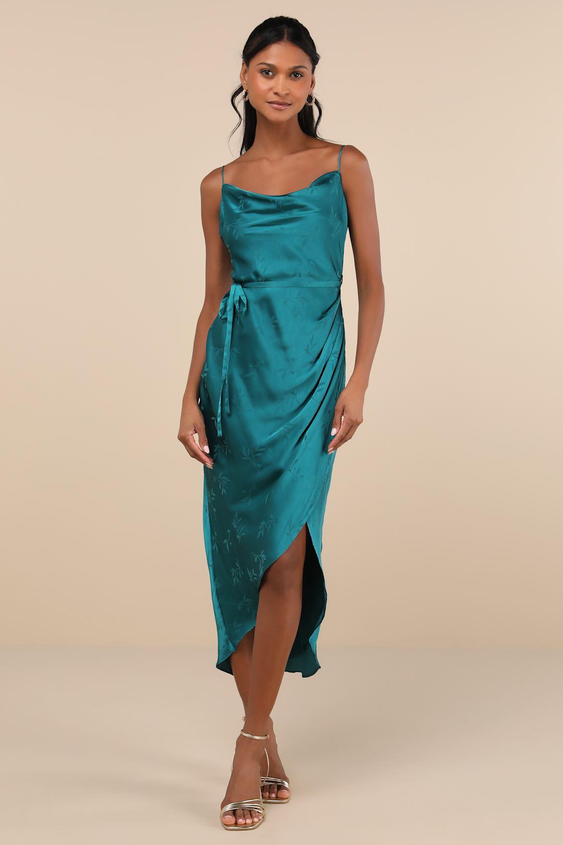 Sophisticated Sight Teal Green Satin Jacquard Cowl Midi Dress Product Image