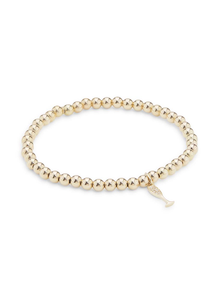 Womens 14K Yellow Gold & 0.03 TCW Diamond Champagne Flute Beaded Stretch Bracelet Product Image