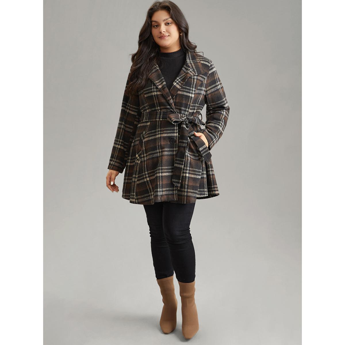 Plus Size Lapel Collar Plaid Button Through Belted Coat Women DarkBrown Elegant Lined Ladies Dailywear Winter Coats BloomChic 12/L Product Image