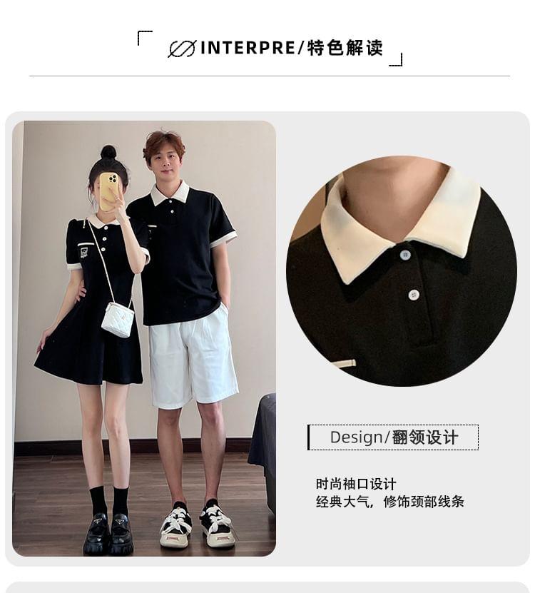 Couple Matching Short-Sleeve Collar Logo Contrast Trim Mini A-Line Dress / Polo Shirt / Mid Rise Plain Shorts Product Image