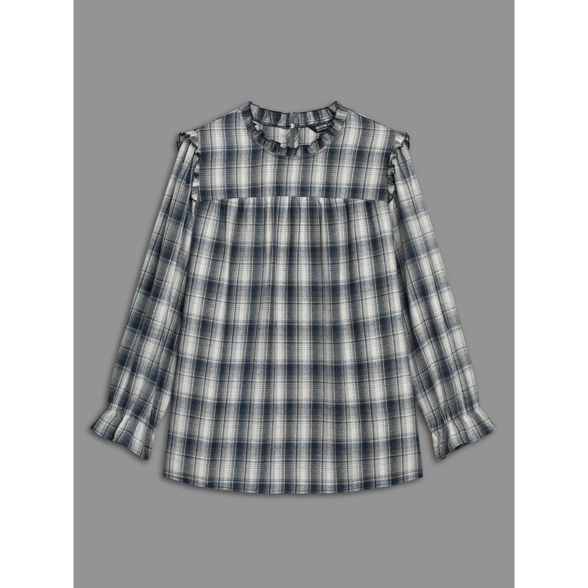 Plus Size Indigo Plaid Ruffle Trim Gathered Blouse Women Elegant Extra Long Sleeve Round Neck Everyday Blouses BloomChic 14-16/1X Product Image